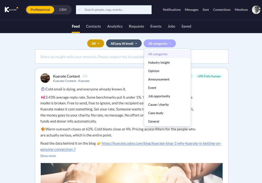 Kuerate content feed with user defined filters